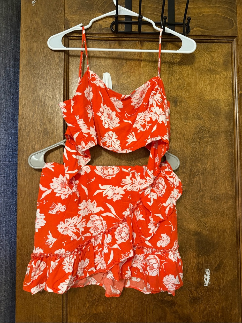 Free People Coral and White Floral Ruffled Two-Piece Set
